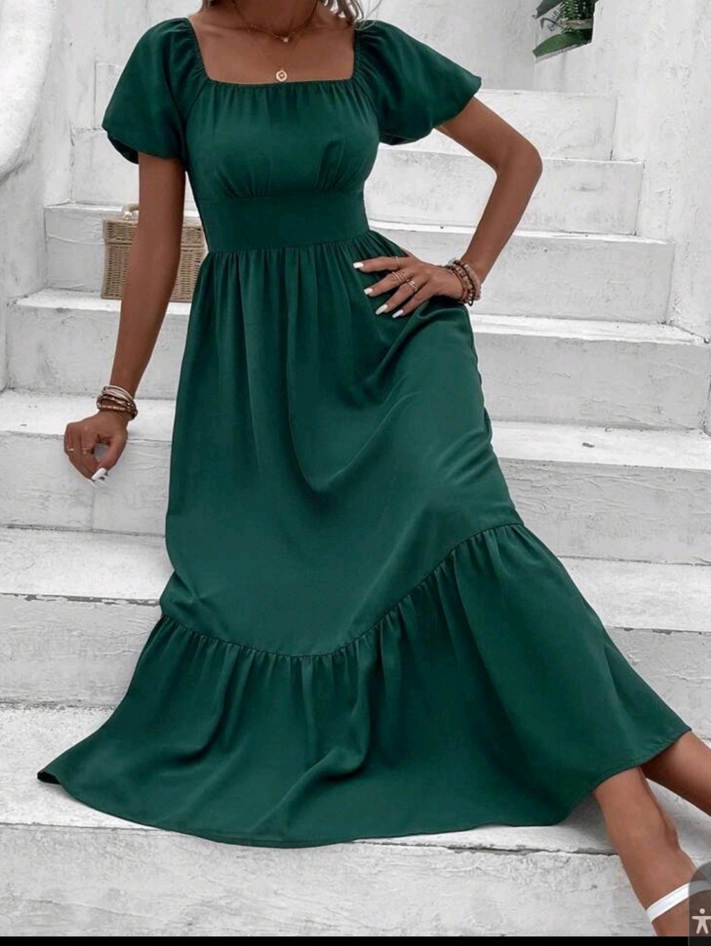 Elegant Dark Green Puff Sleeve Midi Dress